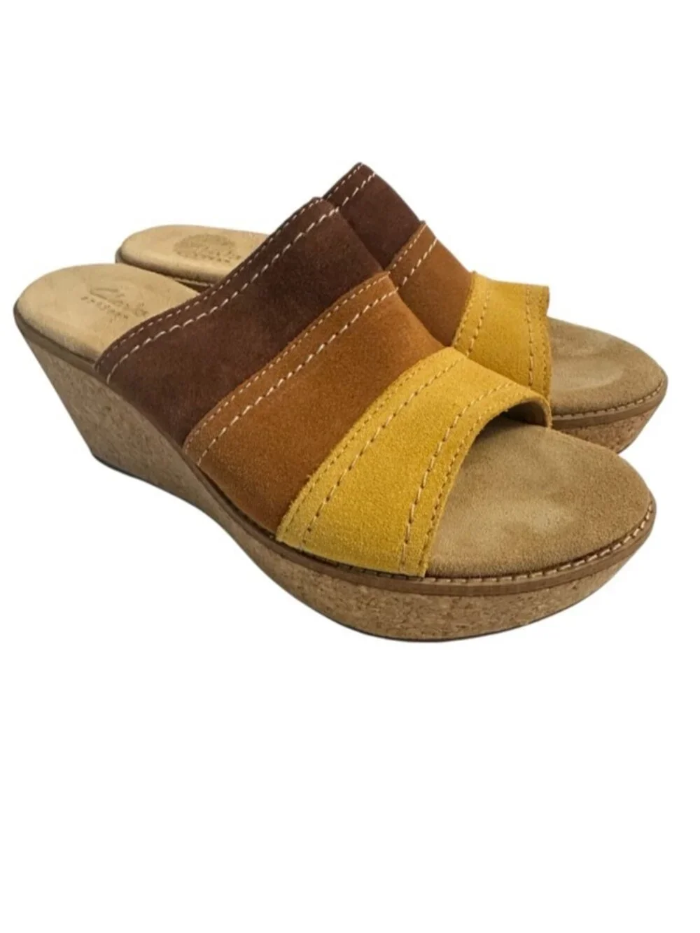 Clarks Aisley Lily Colorblock Suede Cork Wedge Slide Sandals Size 8